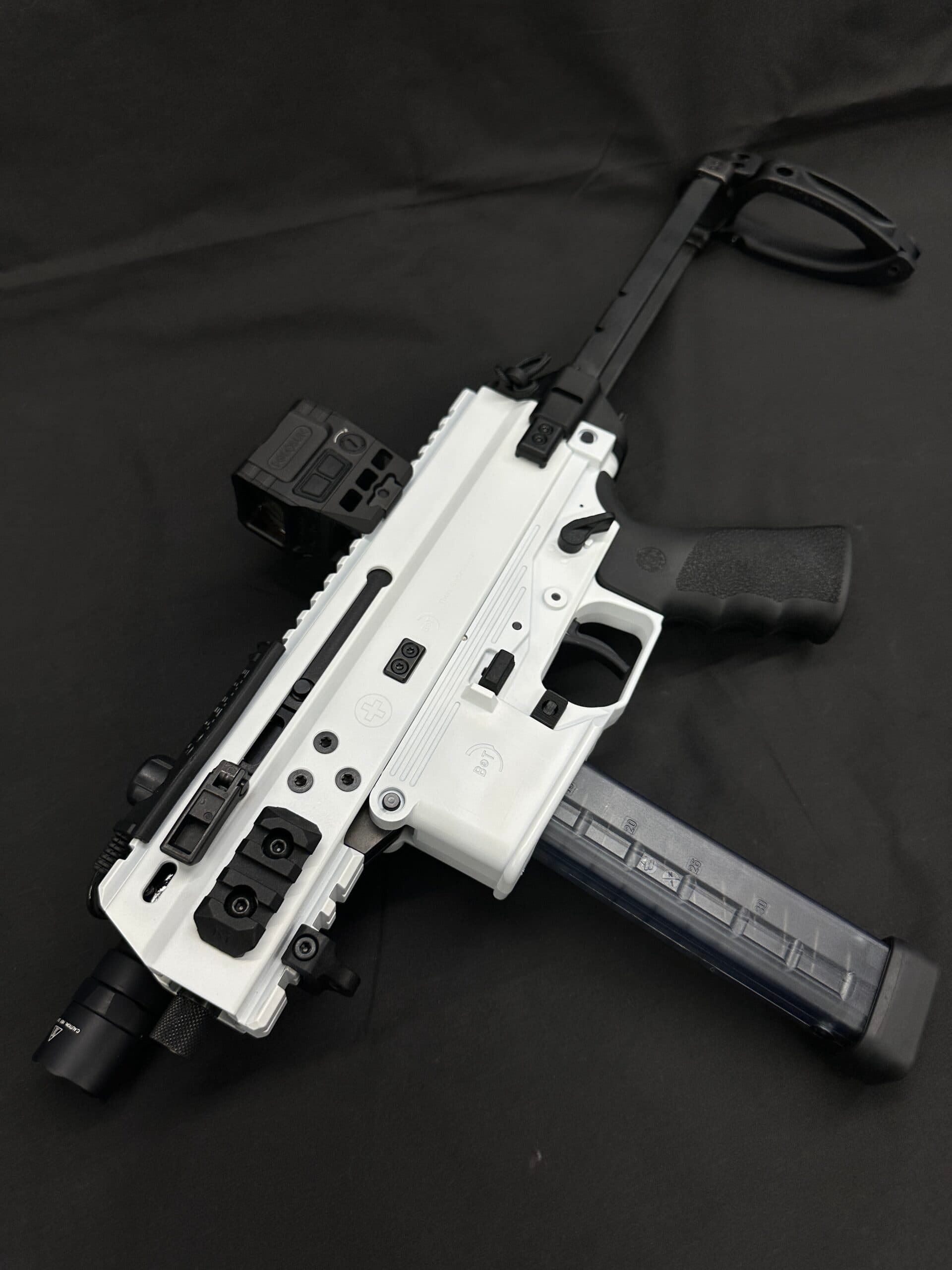 B&amp;T APC9K PRO, Storm Trooper White Cerakote, Gear Head Works Tailhook, Hogue Grip, Holosun AEMS CORE 